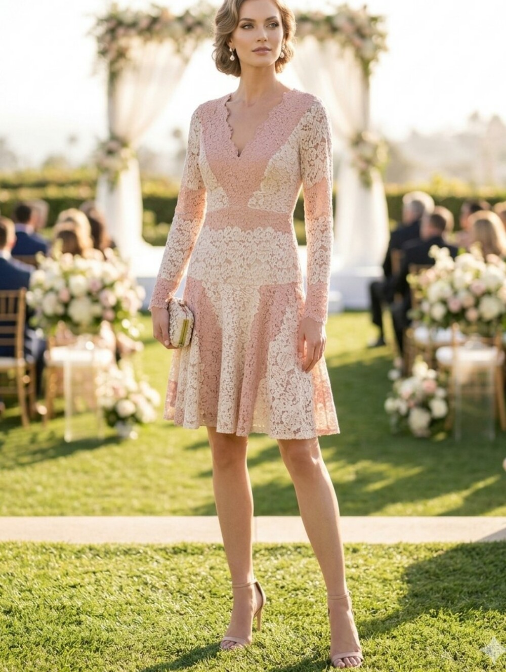 Antonio Melani Womens Pink Lace Long-Sleeve Fit & Flare Dress- SIZE 0